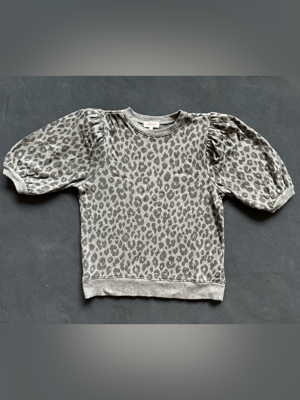 Goldie Heather Gray Leopard Print Puff Sleeve Top Peru Cotton XS animal print